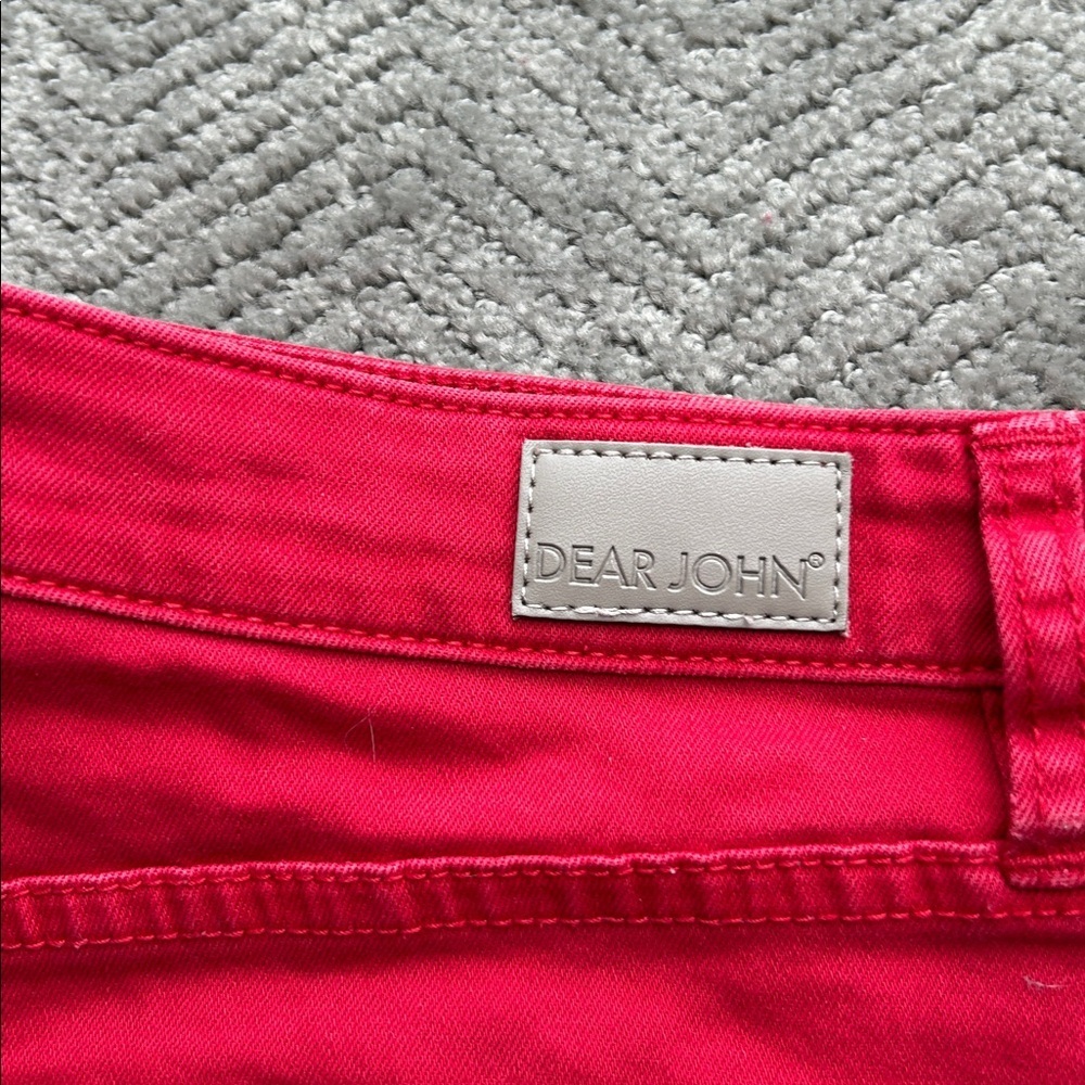 Dear John Red Denim Side Stripe Mini Skirt - Size 28 - Raw Hem & Stretch - Picture 5 of 8